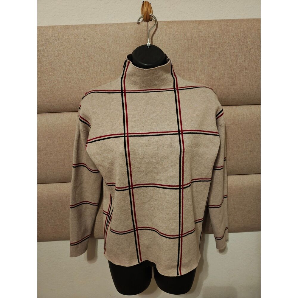 Tahari XS Windowpane Plaid Mock Neck Sweater Beige Red Black Preppy